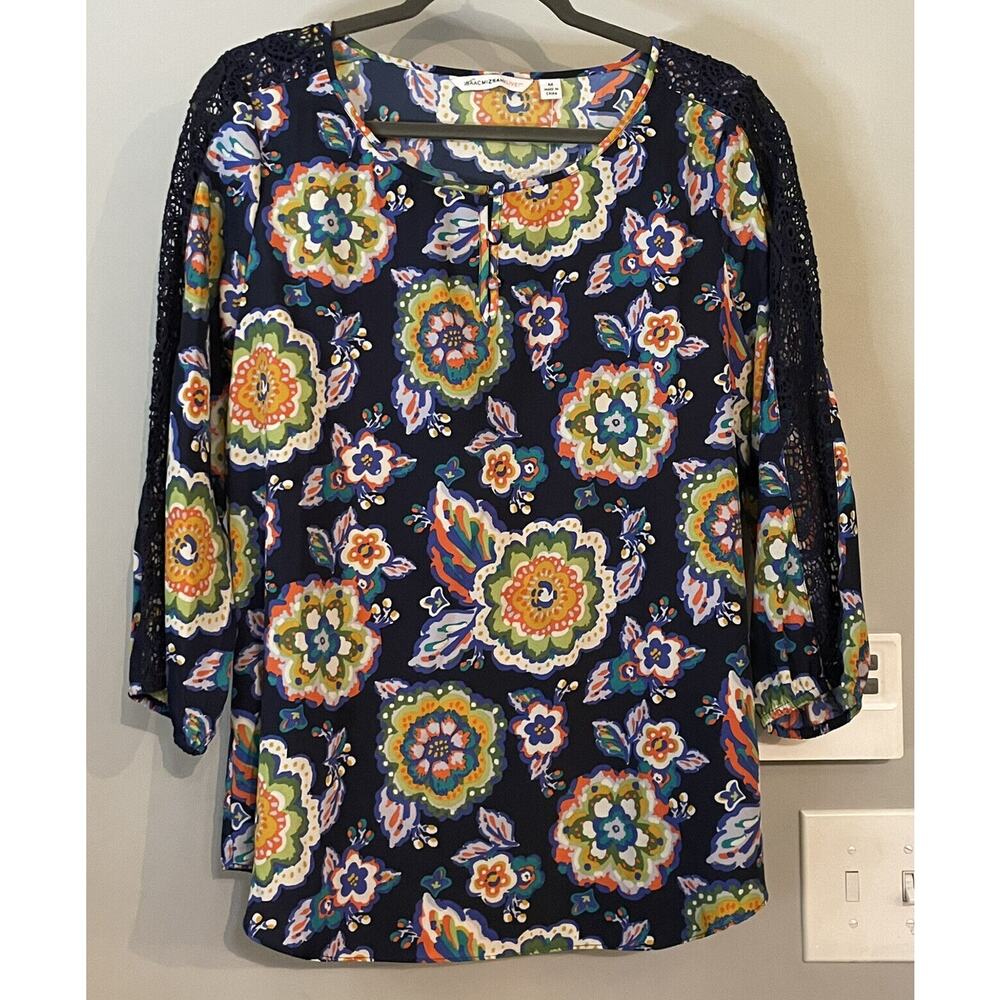 Isaac Mizrahi Live Top Blouse Bright Artsy Floral Lace Sleeve‎ Womens M New